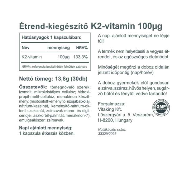 Vitaking K2 vitamin 100 µg (természeres MK7)