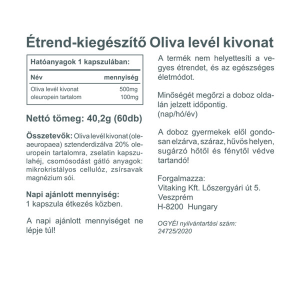 VITAKING OLIVALEVÉL EXTRACT MG KAPSZULA 60DB - Herbaház