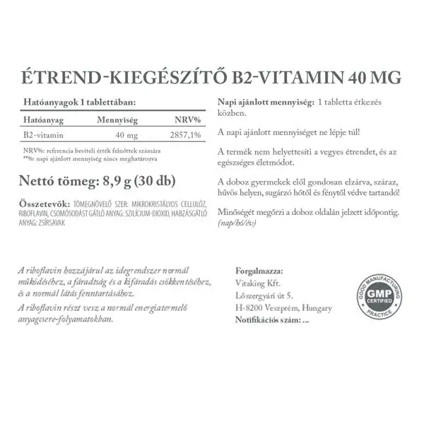 Vitaking B2-vitamin (riboflavin) 40mg 30 tablettás kiszerelésben.